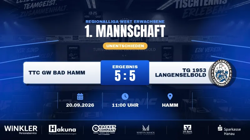 Punkt auf der letzten Linie: TG Langenselbold erkämpft 5:5 beim TTC GW Bad Hamm
