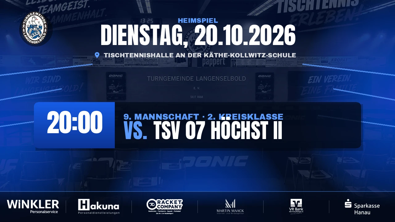 Heimspiel am Dienstag, 20. Oktober: TG 9 empfängt TSV 07 Höchst II
