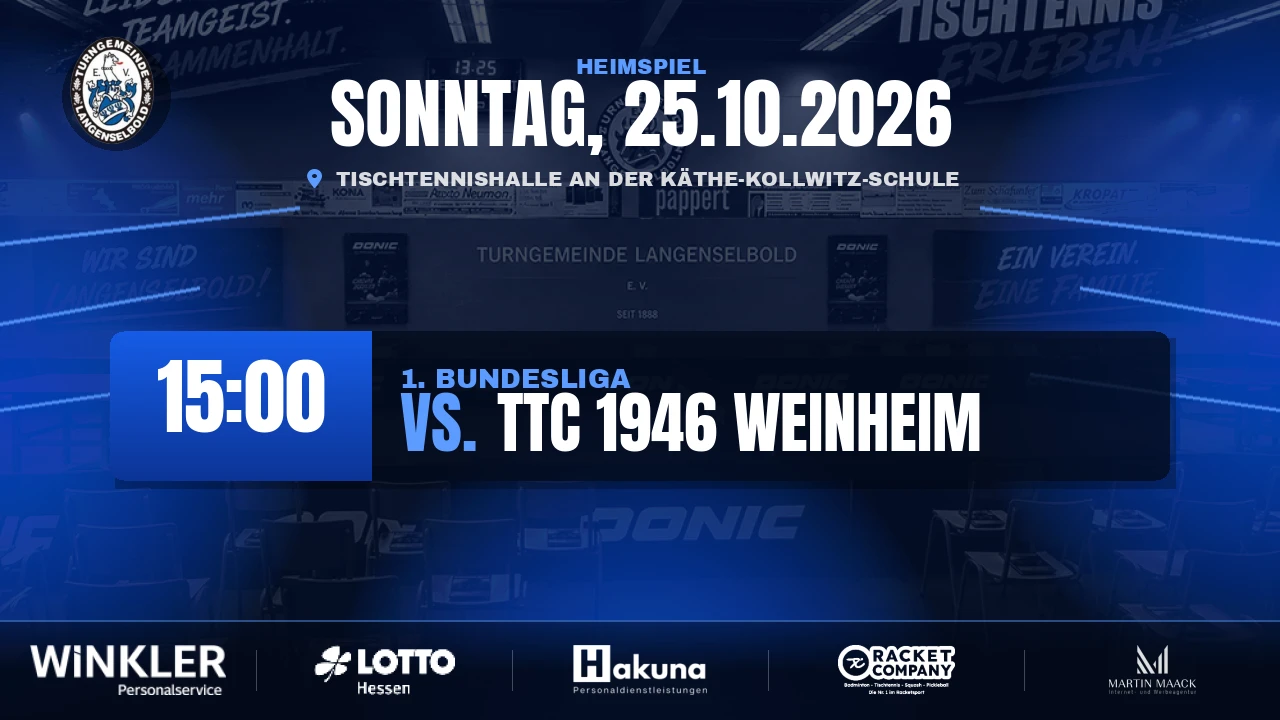 Heimspiel am Sonntag: TG Langenselbold 1. Bundesliga empfängt TTC 1946 Weinheim